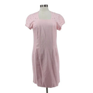 Vintage 80s Jessica Howard Pink Rayon Linen Pearl Beads Shift Dress Size 12